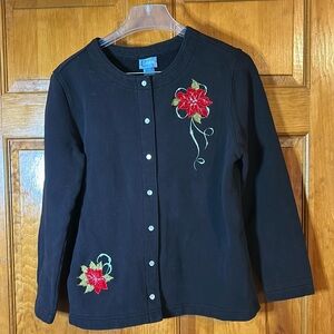 Classic Elements Women’s Black Christmas Pearl Snap Jacket Sz Lg-EUC